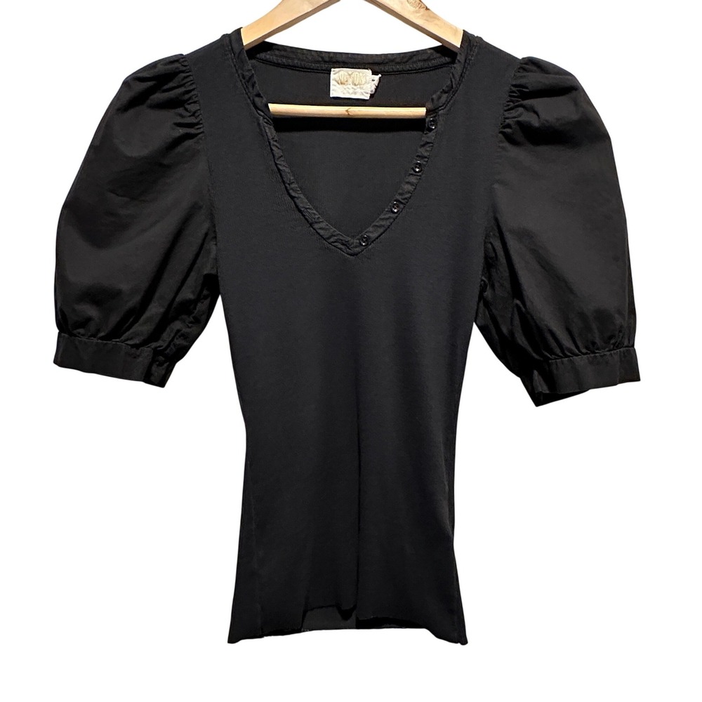 Nation LTD Natalie Combo Tee Womens Small Puff Sleeve‎ V-Neck Top Black Organic